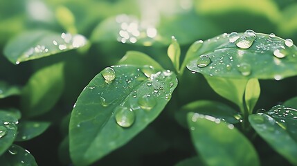 Poster - Close Up of Fresh Green Leaves with Dew Drops Glimmering in Natural Light Capturing the Essence of Nature : Generative AI