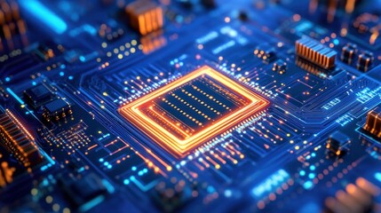 Fototapete - Intricate Circuit Board Design with Glowing Central Processor and Blue Lines