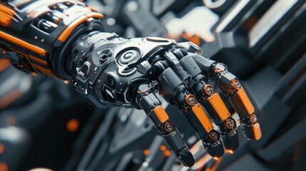 Poster - Close-up of a futuristic robotic hand with intricate design and sleek black and orange accents
