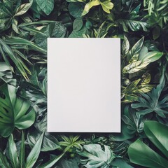Fototapete - Blank white paper surrounded by lush green leaves in a nature inspired setting ideal for creative projects and designs. Generative AI