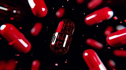 Aufkleber - Futuristic Red Capsule Pill in 3D Space Surrounded by Blurred Objects for Healthcare Themes : Generative AI