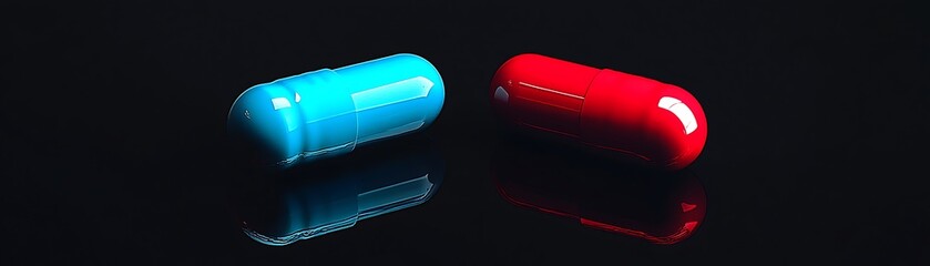 Aufkleber - Close up of vibrant colored capsules on a sleek reflective surface representing medical choices : Generative AI