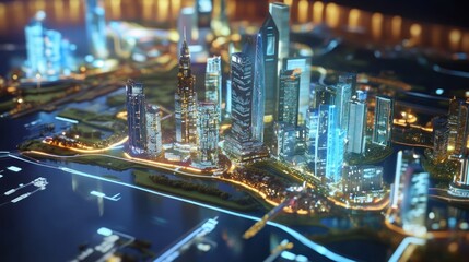 Poster - Miniature Futuristic Cityscape Model with Glowing Lights and Modern Architecture
