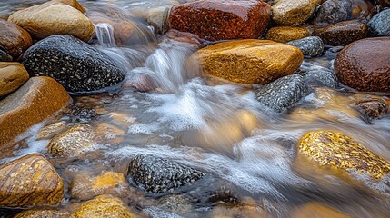 Poster - Gentle Stream Water Flowing Over Smooth Rocks with Vibrant Colors : Generative AI