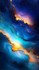 Aufkleber - Vibrant Abstract Space Art with Blue and Gold Waves Evoking Cosmic Vibes and Deep Emotions : Generative AI