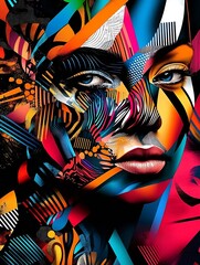 Poster - Bold Colorful Abstract Female Portrait with Stunning Geometric Shapes and Artistic Flair : Generative AI
