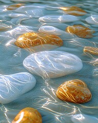 Poster - Textured Stones Floating in Clear Water with Rippling Effects and Warm Hues : Generative AI