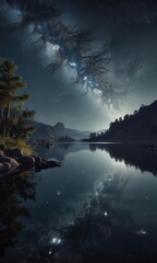 Wall Mural - Deep space with twinkling stars above a calm lake at night,  universe,  nighttime,  calm