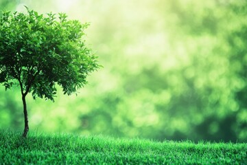 Poster - Lush green tree on grassy hillside bathed in soft morning sunlight creating a serene natural atmosphere. Generative AI