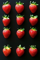 Poster - Fresh Strawberries Arranged Neatly on a Dark Background Showcasing Their Bright Red Color and Green Leaves : Generative AI
