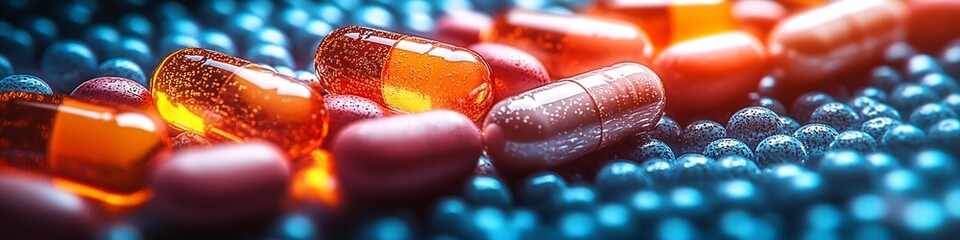 Poster - Assorted Capsules and Pills Arrangement on a Textured Surface Highlighting Vibrant Colors and Light : Generative AI