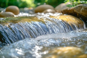 Poster - Crystal Clear Water Gently Draining Over Smooth Stones in a Lush Environment : Generative AI