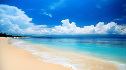 Poster - Stunning sandy beach with tranquil ocean water and vibrant blue sky showcasing fluffy clouds : Generative AI