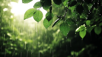 Poster - Serene Raindrops on Green Leaves with Soft Glowing Light in Forest Setting : Generative AI