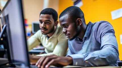 Poster - Focused African American Men Collaborating on a Computer Project in Office