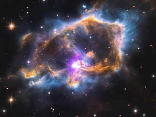 Wall Mural - a swirling cosmic nebula in deep space, with iridescent purples and blues forming ethereal clouds, i