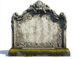 Wall Mural - ancient weathered marble tombstone with intricate victorian engravings, moss-covered edges, dramatic shadows, isolated against pure white background