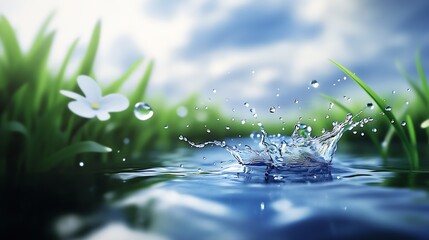 Poster - Vibrant water splash amidst lush greenery and delicate flower under a clear sky : Generative AI