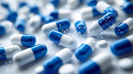 Poster - Aesthetic Close-Up of Blue and White Medical Capsules on a Bright Surface : Generative AI