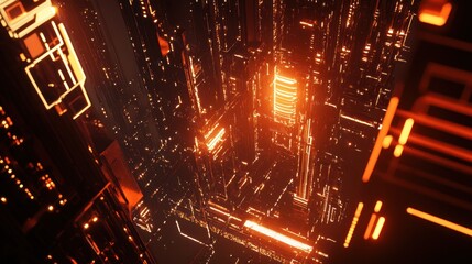 Poster - Abstract Futuristic Cityscape with Glowing Orange Lights and Dynamic Structures