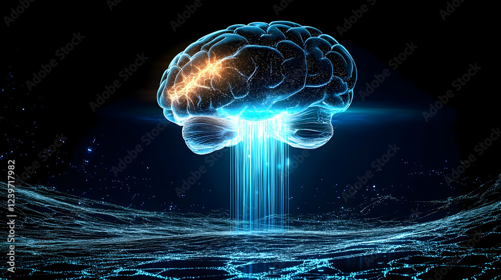 Glowing digital brain transmits data streams into a network landscape ...