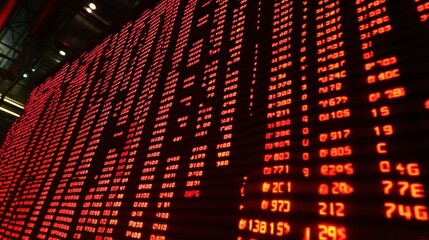 Poster - Red LED Display Board Showing Financial Data, Stock Market Information