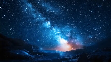 A starry night sky with a bright blue moon