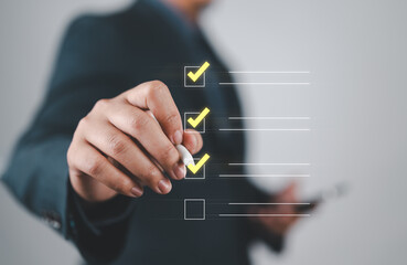 Poster - Businessman doing online checklist survey, Business performance checklist, filling out digital form checklist, take an assessment, questionnaire, evaluation, online survey, online exam.