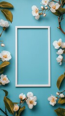 Poster - Floral frame display with white flowers on a blue background for creative projects. Generative AI