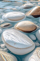 Wall Mural - Beautifully arranged smooth pebbles in tranquil water creating stunning reflections and serene ambiance for relaxation : Generative AI