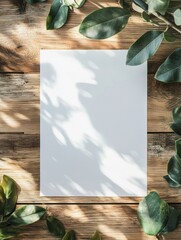 Fototapete - Blank paper placed on wooden table surrounded by green leaves reflecting soft sunlight during the day. Generative AI