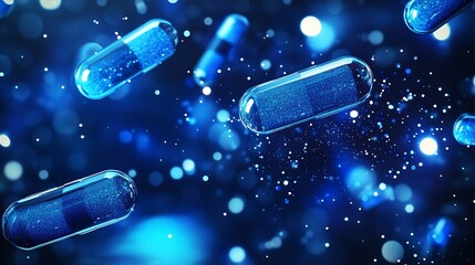 Aufkleber - Floating Blue Capsules on a Bright Background for Pharmaceutical or Wellness Themes : Generative AI
