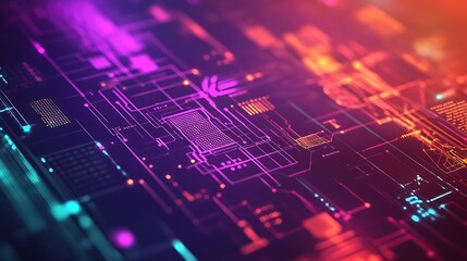 Fototapete - Futuristic digital abstract background with neon circuit patterns and glowing lines : Generative AI