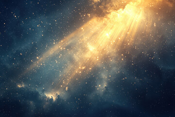 Wall Mural - Golden cosmic light beams radiating through a vast celestial nebula in deep space