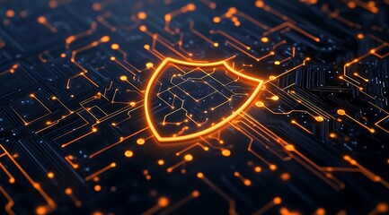 Poster - Illuminated Shield Symbol on Circuit Board Background as a Metaphor for Cyber Protection : Generative AI