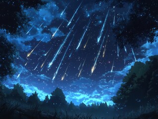 Wall Mural - ethereal anime night sky with cascading shooting stars, bioluminescent auroras, and crystalline cons