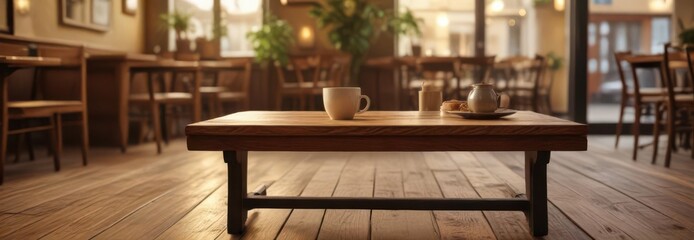 Canvas Print - Empty wooden coffee table with soft golden glow, dimly lit cafe scene,  cafe,  dark, coffee table