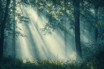 Wall Mural - Sunlight streaming through dense misty forest trees