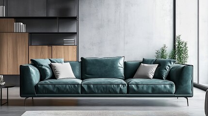 Elegant teal sofa with cushions in a modern living room with a concrete wall