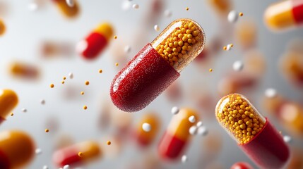 Poster - Close up of red capsules filled with vibrant yellow beads showcasing diversity in pharmaceutical products : Generative AI