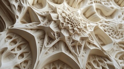 Poster - Intricate 3D Rendered White Stone Carving with Delicate Floral and Geometric Patterns