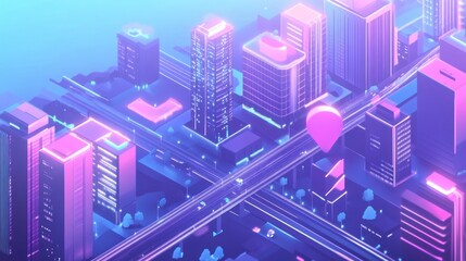 Poster - Isometric futuristic city with neon accents and a location pin for navigation