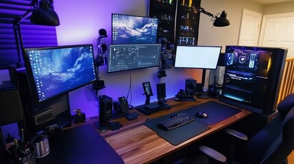 Poster - Modern gaming workstation setup with multiple monitors and RGB lighting