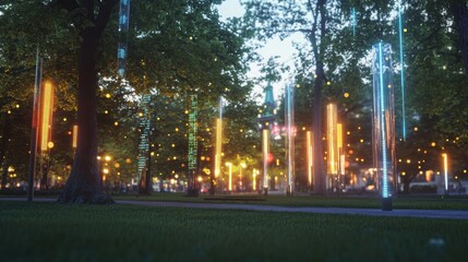Poster - Glowing pillars illuminating a tranquil park at dusk, creating a captivating display of innovative design and technology, while enhancing the urban landscape with a mesmerizing atmosphere