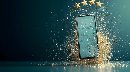 Poster - 3D Rendered Concept of Online Rating Stars Floating and Hovering Above a Smartphone Device on a Metallic and Glittering Background  Digital Rating and Review Concept for Apps Services or Products