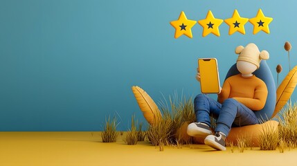 Poster - 3D rendered digital concept of online rating stars or evaluation symbols appearing above or hovering over a mobile smartphone device  Abstract digital technology and communication design