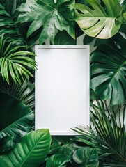 Fototapete - Blank frame surrounded by various tropical green leaves in a natural setting for creative inspiration. Generative AI