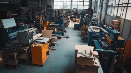 Poster - Industrial factory with numerous heavy machinery, manufacturing wooden products