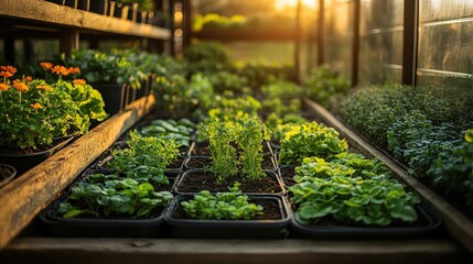 Wall Mural - Vibrant greenhouse filled with various plants and seedlings, illuminated by golden sunset light