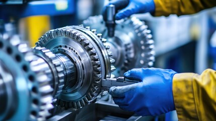 Poster - Precision Engineering: Close-up of a Mechanic Assembling Gears with Measurement Tool